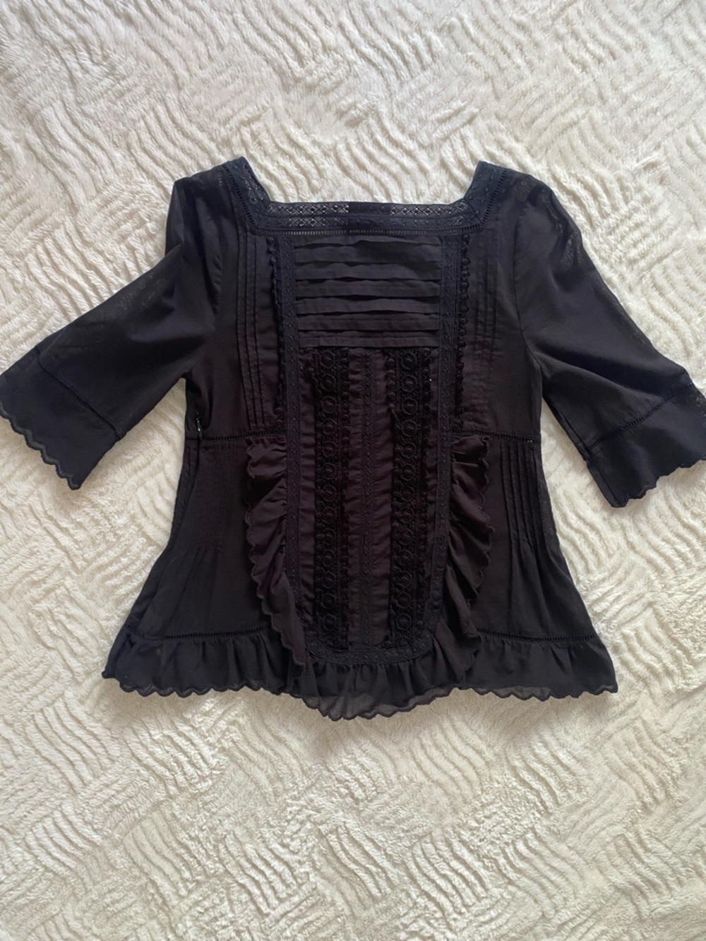 Juicy Couture Black Ruffled Lace-Trim Square Neck Blouse - Picture 4 of 6